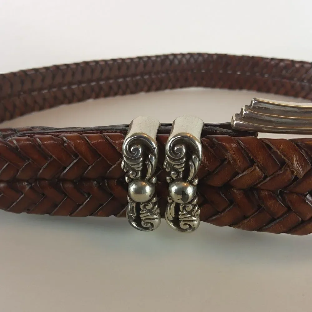 Brighton brown weaved leather belt with decorative silver buckle SZ. S/28
